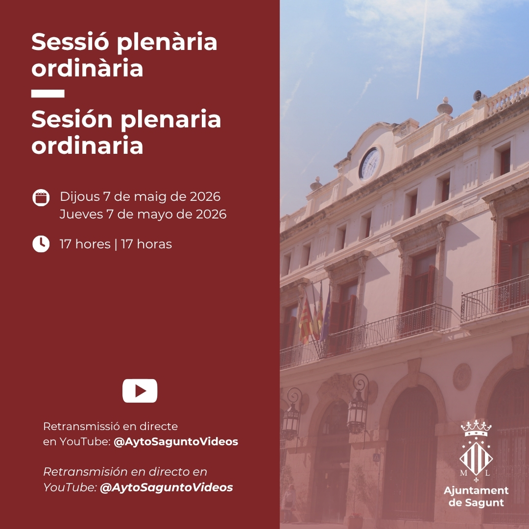La Corporació Municipal de Sagunt es reunix este dijous en el Ple ordinari de maig