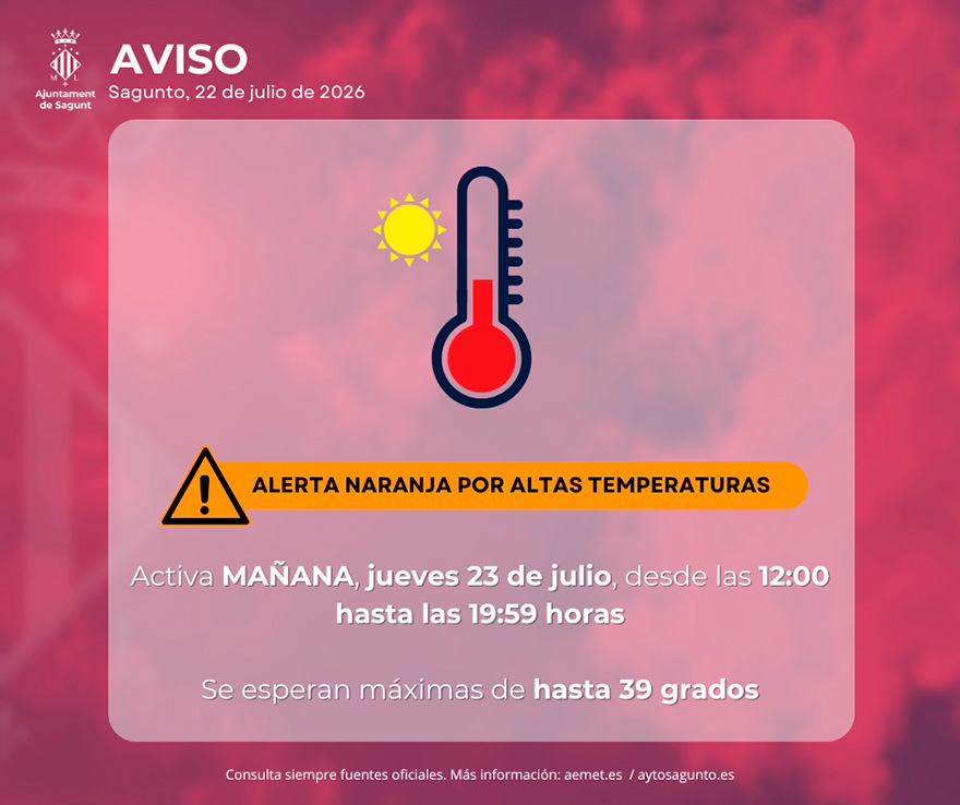 El 112 Comunitat Valenciana i AEMET avisen d'alerta taronja per altes temperatures per a este dijous