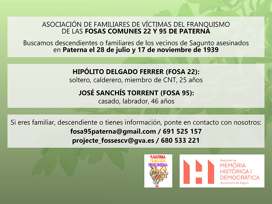 El Ayuntamiento de Sagunto hace un llamamiento para localizar a familiares de dos vecinos de Sagunto fusilados en Paterna en 1939