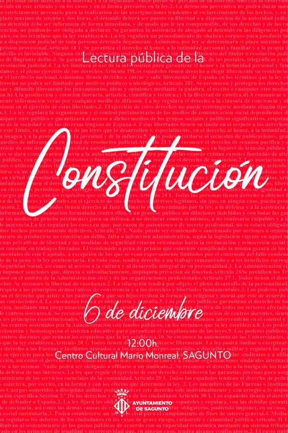 El Ayuntamiento de Sagunto invita a la ciudadanía el Día de la Constitución para una lectura pública a cargo de niños y niñas del municipio