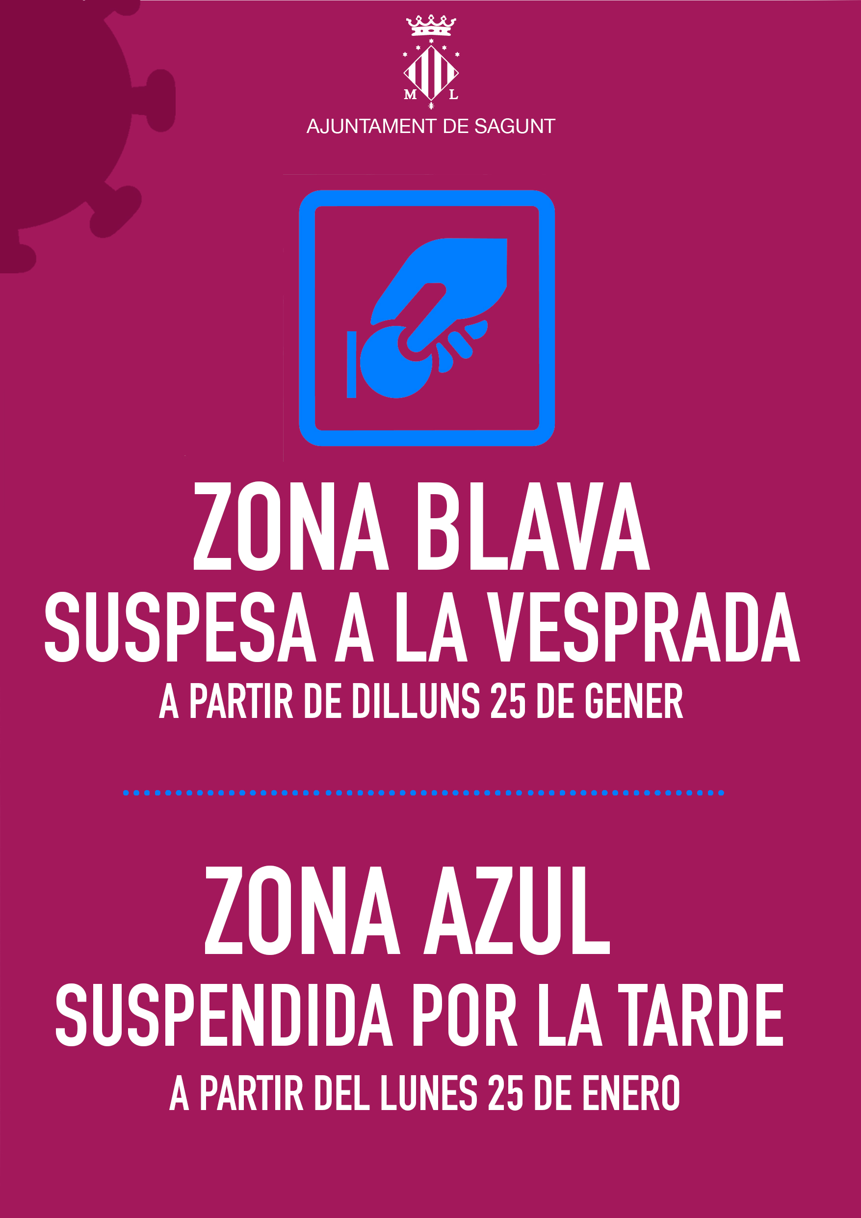 El Ayuntamiento de Sagunto suspende el servicio de la zona azul de aparcamiento por las tardes