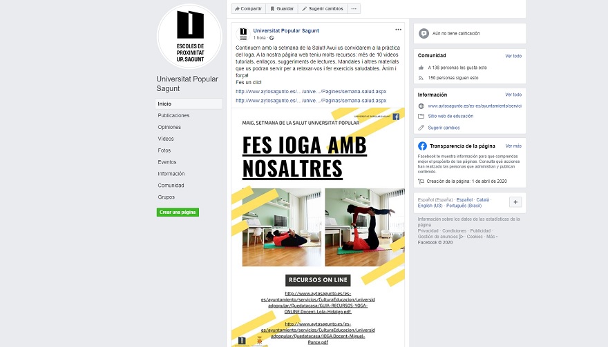 La Universidad Popular de Sagunto presenta la Semana de la Salud con contenido online