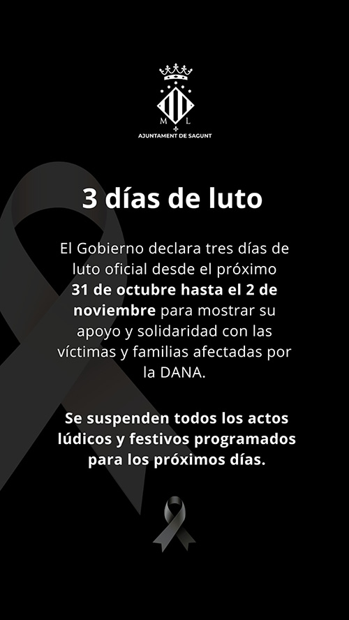 L'Ajuntament de Sagunt decreta tres dies de dol oficial per les víctimes de la DANA