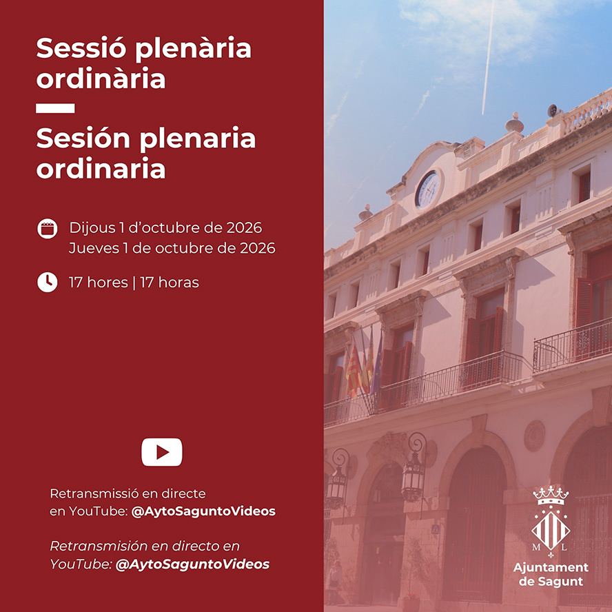 La Corporación Municipal de Sagunto se reúne este jueves en el Pleno ordinario de octubre