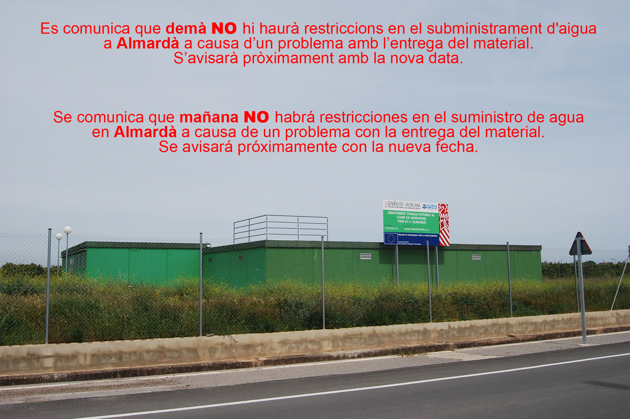 Mañana hay previstas restricciones en el suministro de agua en Almardà entre las 11 y las 17 horas