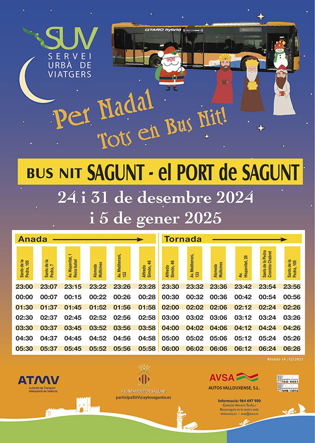 El Ayuntamiento de Sagunto amplía el servicio de autobús nocturno durante las fiestas navideñas