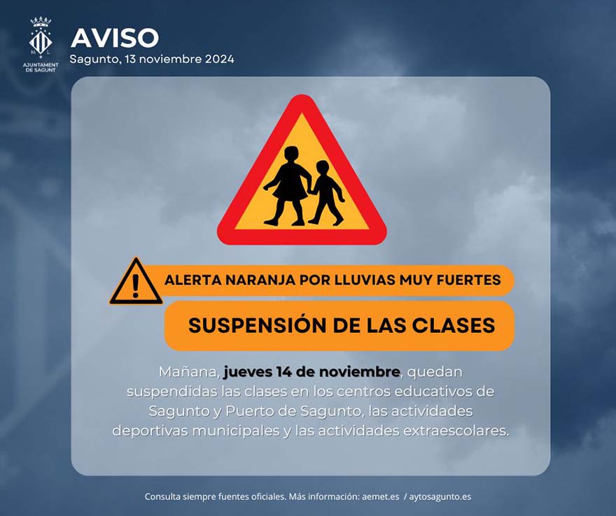El Ayuntamiento de Sagunto suspende preventivamente las clases en el municipio para este jueves